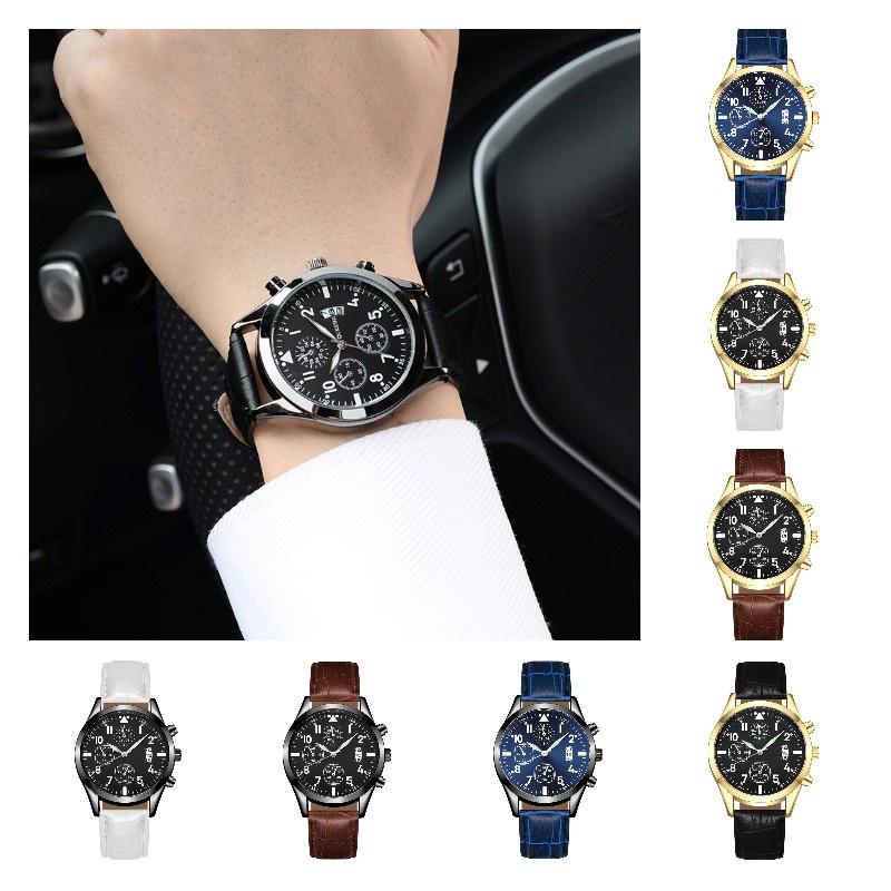 Stylish Men's Watch With Night Light And Calendar Quartz Pointer Display Leather Strap 98001 Belt Style)
