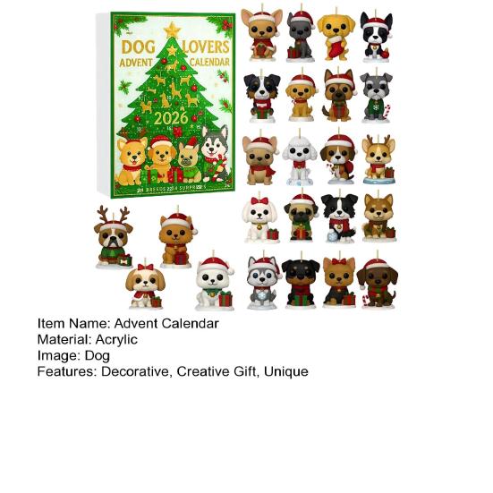 Dog Lover Souvenir Gift Set Christmas Advent Calendar, 24 Day Countdown Box with 2D Flat Acrylic Unique Holiday Pendants, Tree Hanging Ornament
