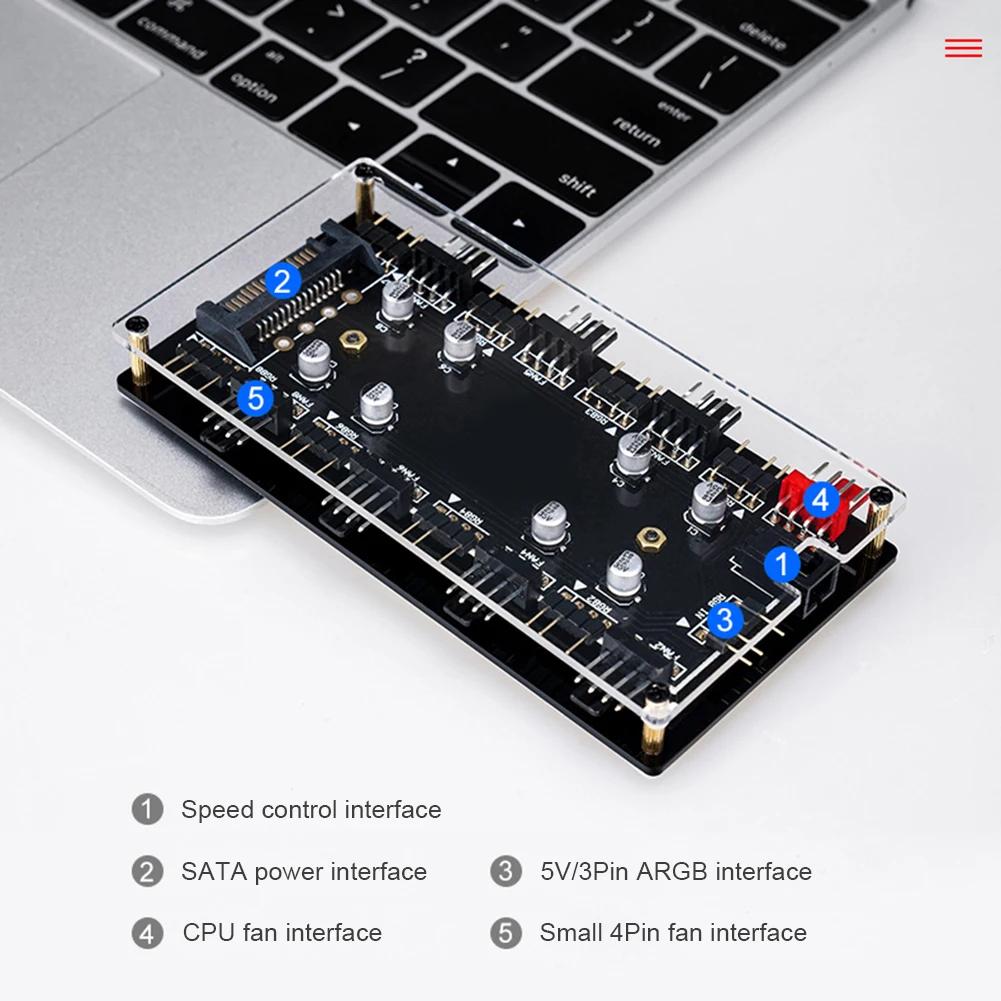 12V/4Pin 5V/3Pin RGB Fan Hub Controller 1 to 8 Multi Way Splitter PWM Hub PC Speed Controller Adapter for ASUS/MSI Hook-and-loop
