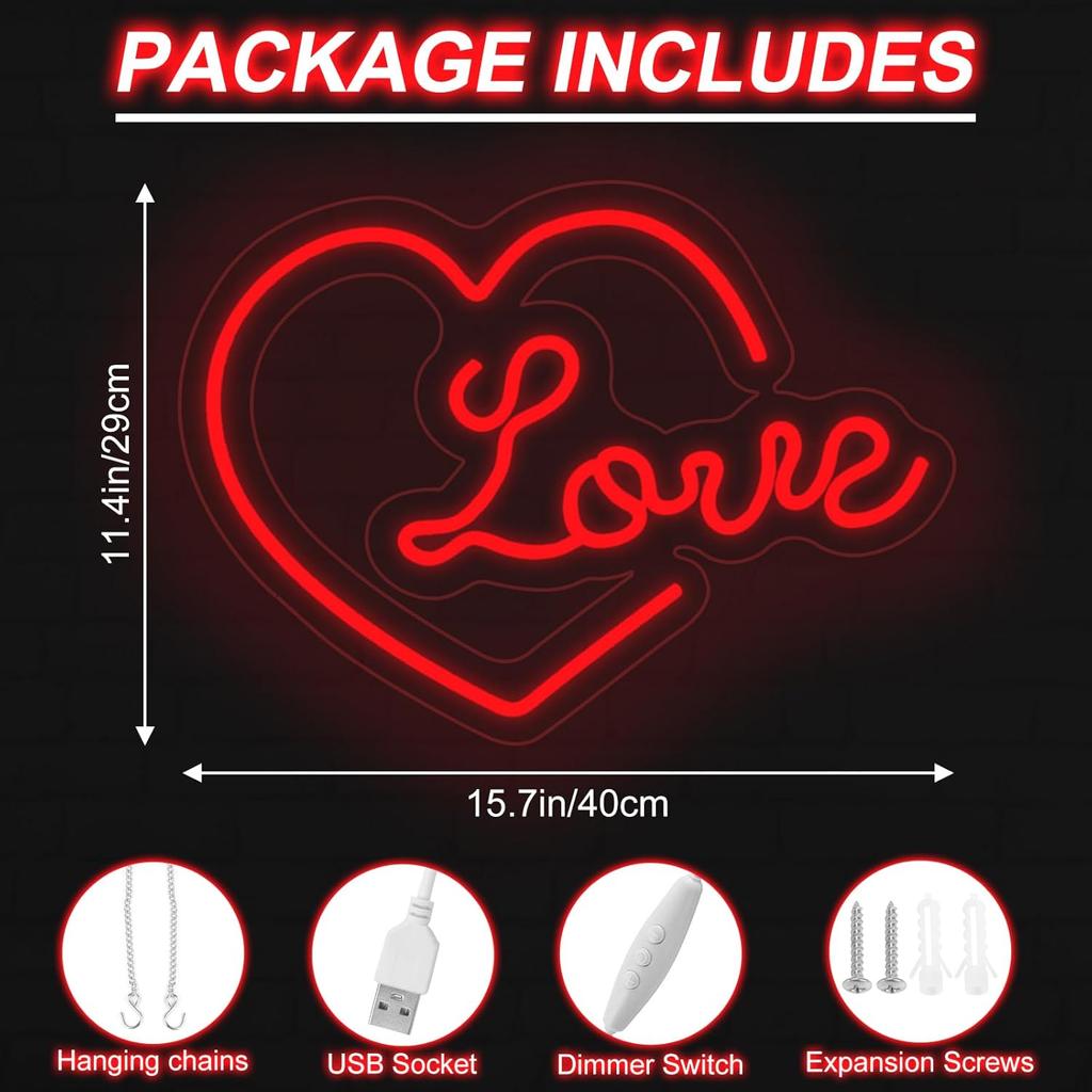 Heart Love Neon Sign, Valentines Day LED Light, USB Powered Dimmable LED Sign for Wall Decoration, Party, Wedding, Bedroom, Living Room, 15.7"x11.4"