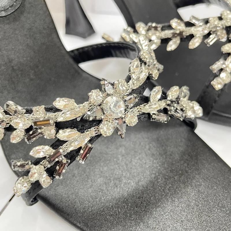 New Summer Women's High Heel Sandals Cross Rhinestone Square Head Open Toe Sandals Silk Sexy Stiletto High Heels Mules