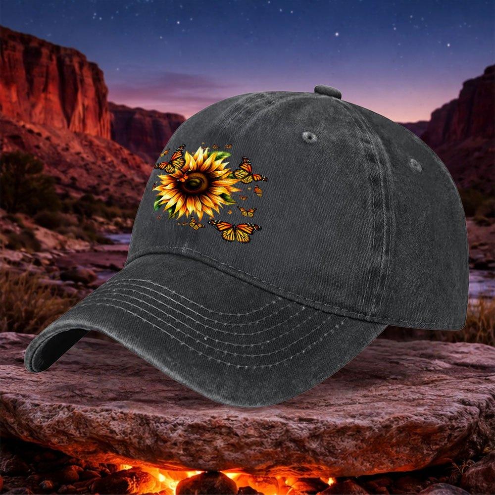Vintage Sunflower Butterfly Baseball Cap Unisex Lightweight Washed Hat Hook Loop Closure for Unisex Women Outdoor Sports Camping