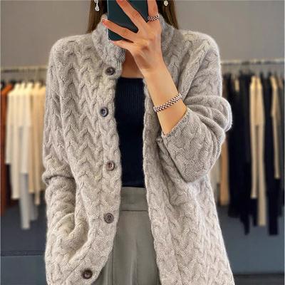 New Autumn and Winter Women's Collection: Retro Twist Stand-up Collar Knitted Cardigan Solid Color Long-sleeved Sweater Coat