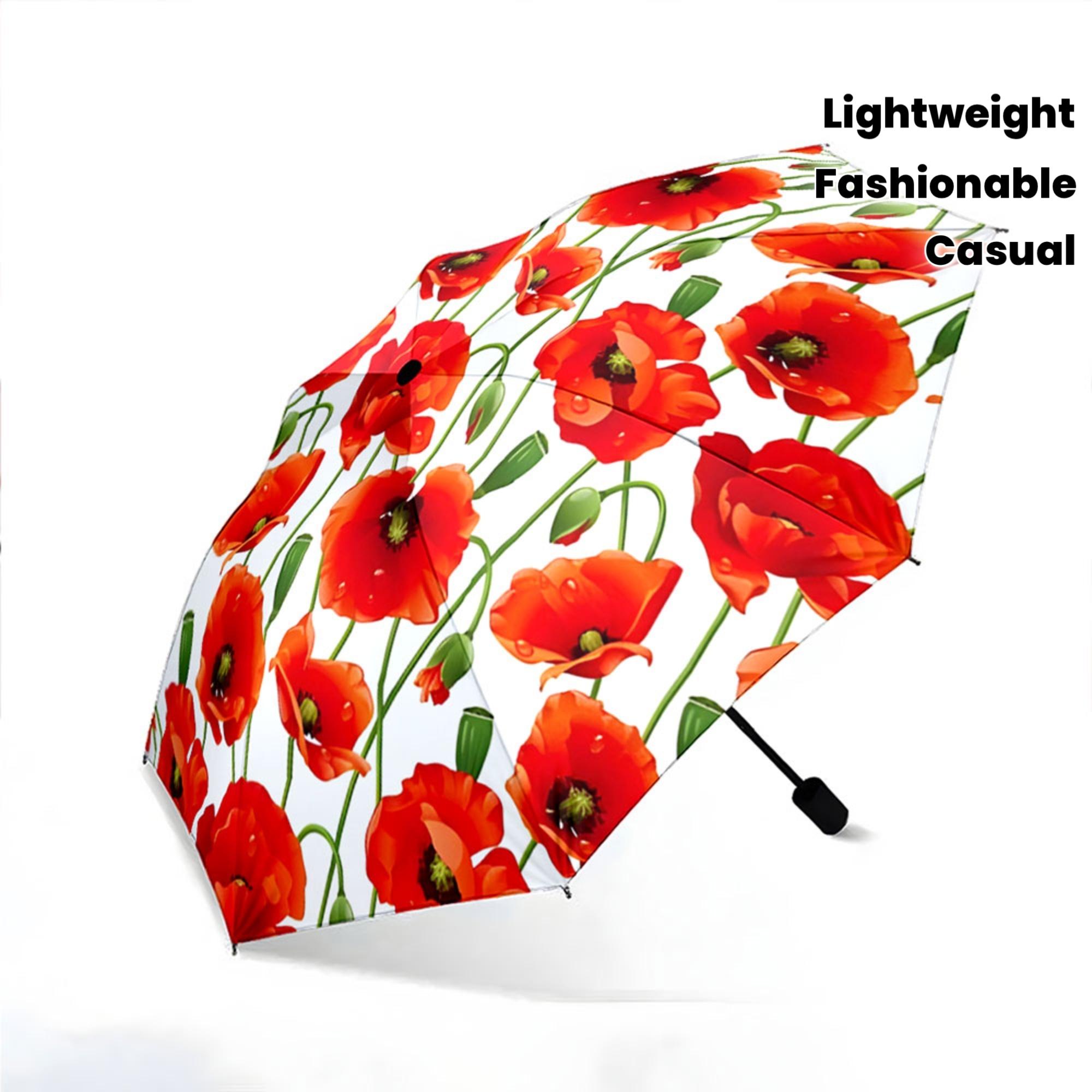 

Women s Open/Close Folding Umbrella with Red Poppy Flower Design - 8-Rib Compact Travel Umbrella with Handle, Windproof &, Sty (as the picture,Iron&8K)