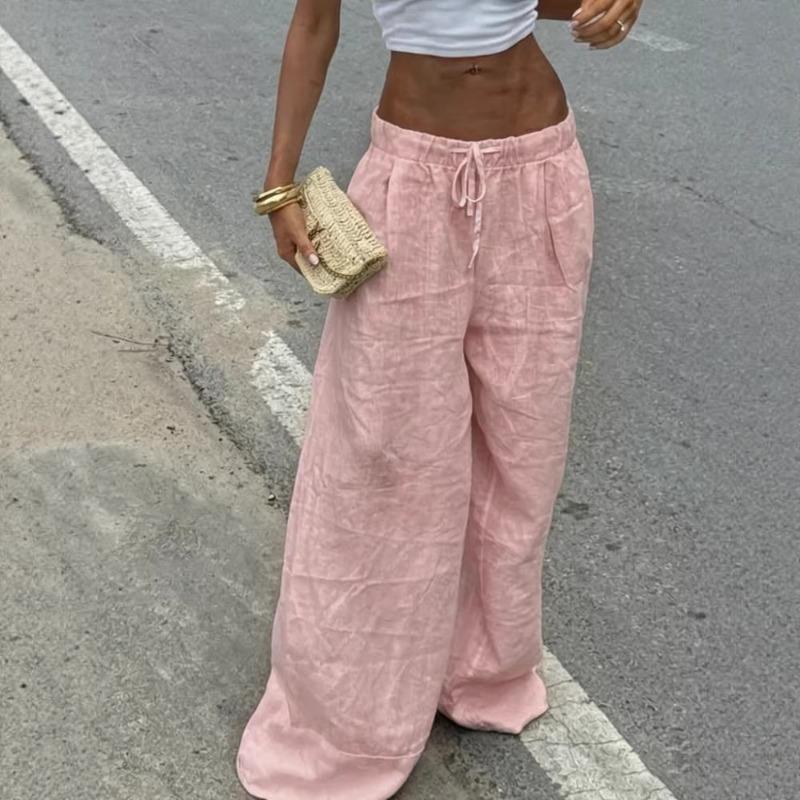 Pantaloni da Donna Bianchi Gamba Larga Coulisse Effetto Lino Vita Alta Vestibilità Larga