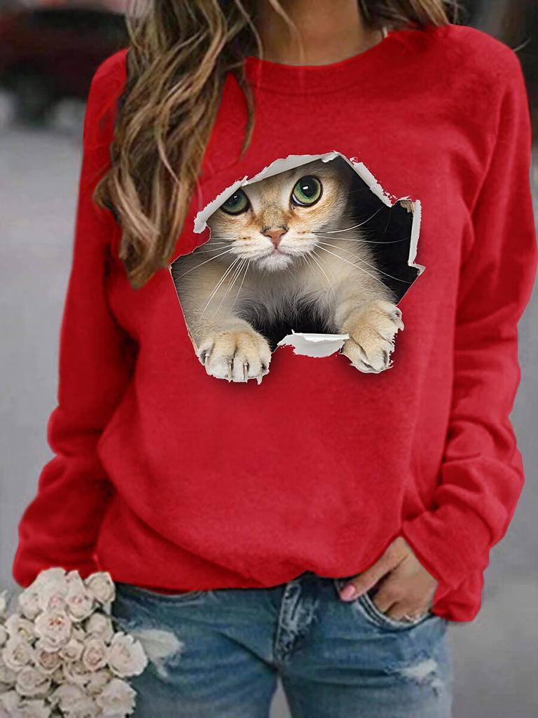 Autumn High Quality Women's Round Neck Long Sleeve 3D Printed Pet Cat Pattern Fashion Casual Women's Plus Size XXS-6XL