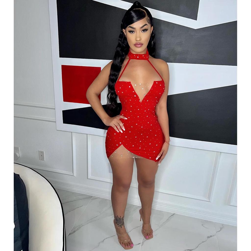 OS6862 Letní Sexy Šaty s Hlubokým Výstřihem a Diamanty - Dámské Krátké Šaty Evropského a Amerického Stylu