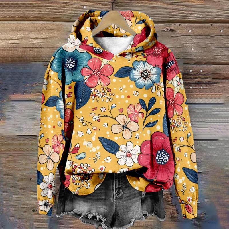 Women's Floral Hoodie Hipster Winter Pullover Harajuku Loose-Fit Casual Sweatshirt Cozy Fleece-Lined Jacket Casual Streetwear