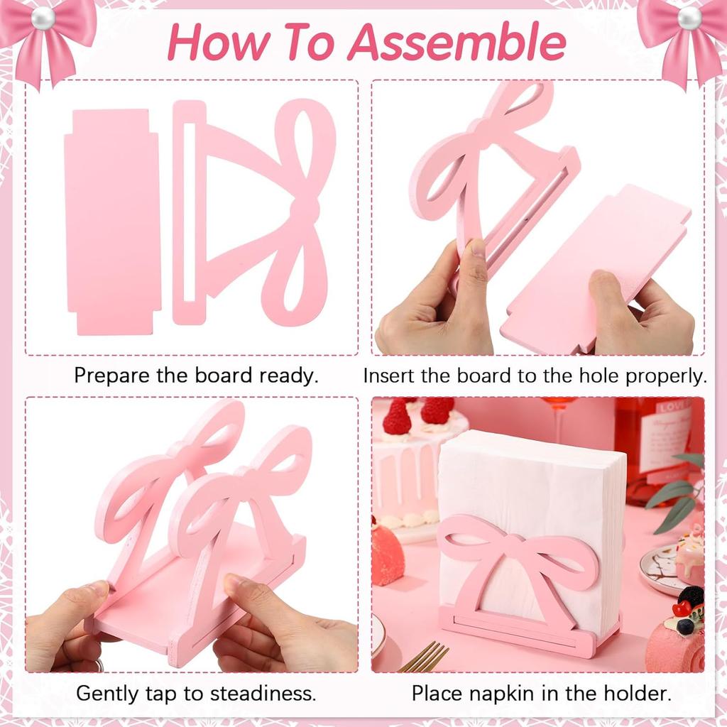 Honeydak Pink Bow Nakpin Holder for Table Coquette Bow Wooden Tissue Dispenser Cocktail Napkin Holder Paper Dispenser for Bachelorette Bridal Wedding