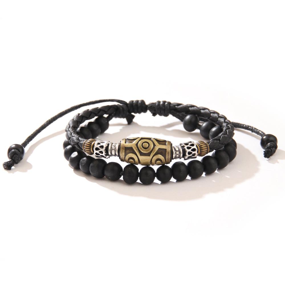 Dzi Bead Navy Blue Retro Necklace Personalized Woven Wax Rope Antique Pendant Collarbone Chain Punk Trendy Men's Jewelry