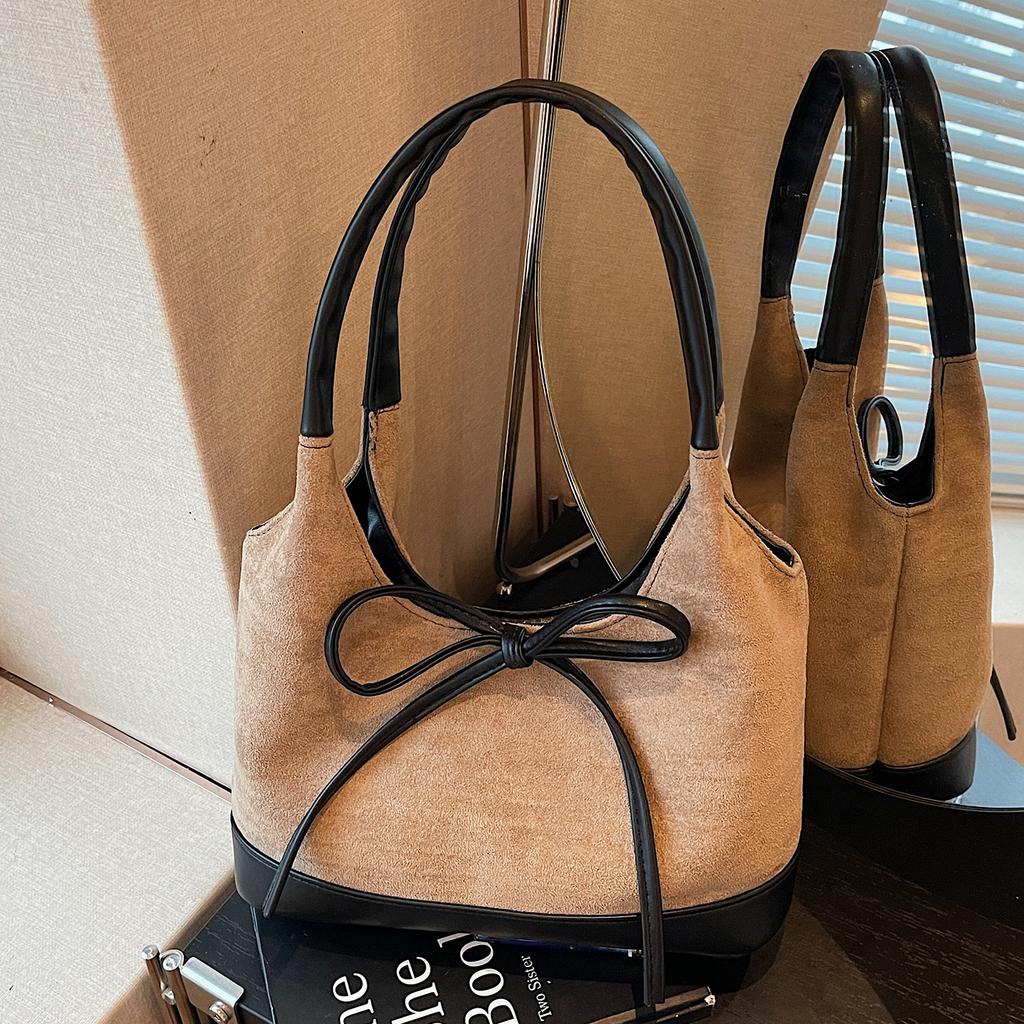 Trend PU Splicing Faux Suede Women Shoulder Bag Autumn Winter Vintage Bow Decor Magnetic Buckle Handbags Casual Underarm Pack