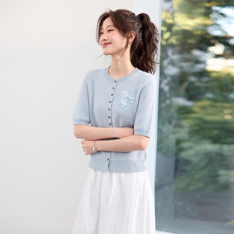 

Srcr Women s Thin Mid-Sleeve Wool Blend Embroidered Knit Cardigan M