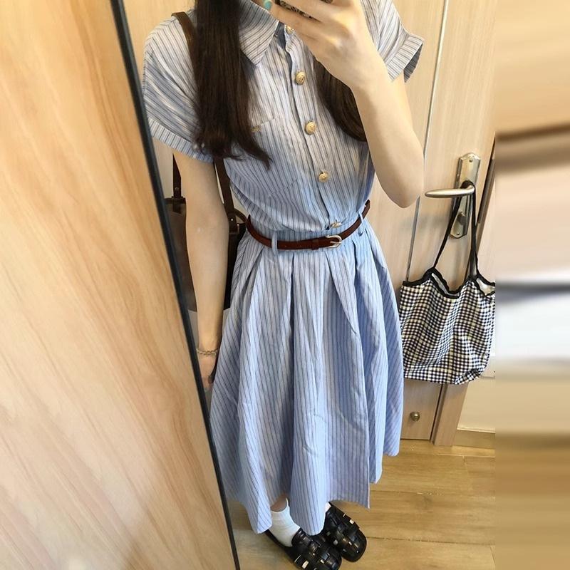Large Size French Blue Striped Shirt Dress Summer Fat MM Literary Retro POLO Collar Thin Waist Dress