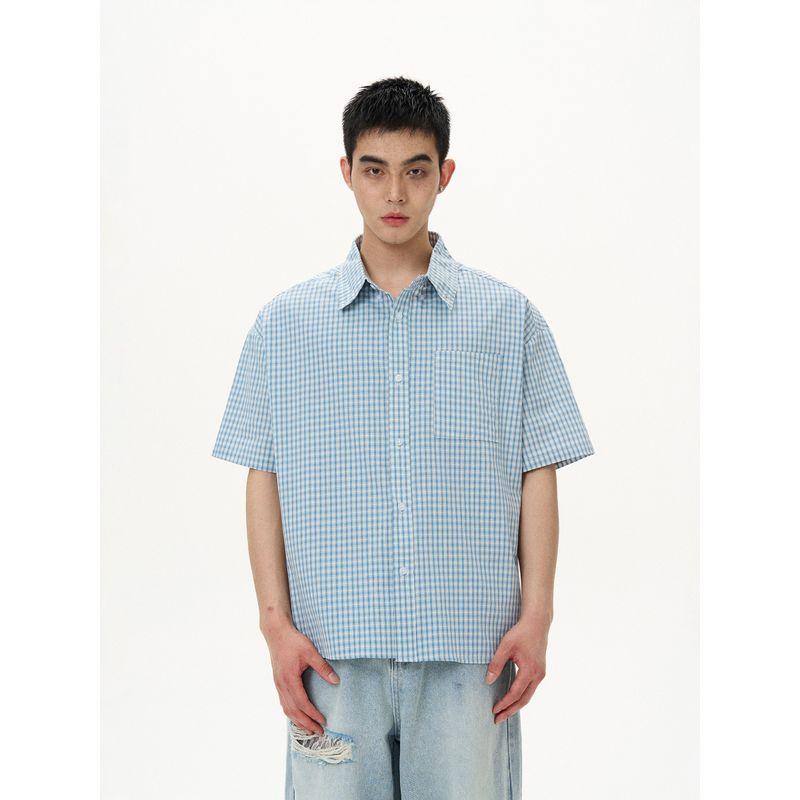 Kisko American Retro Lazy Light Blue Plaid Short-Sleeved Shirt for Men and Women, Cool and Casual Cleanfit Shirt