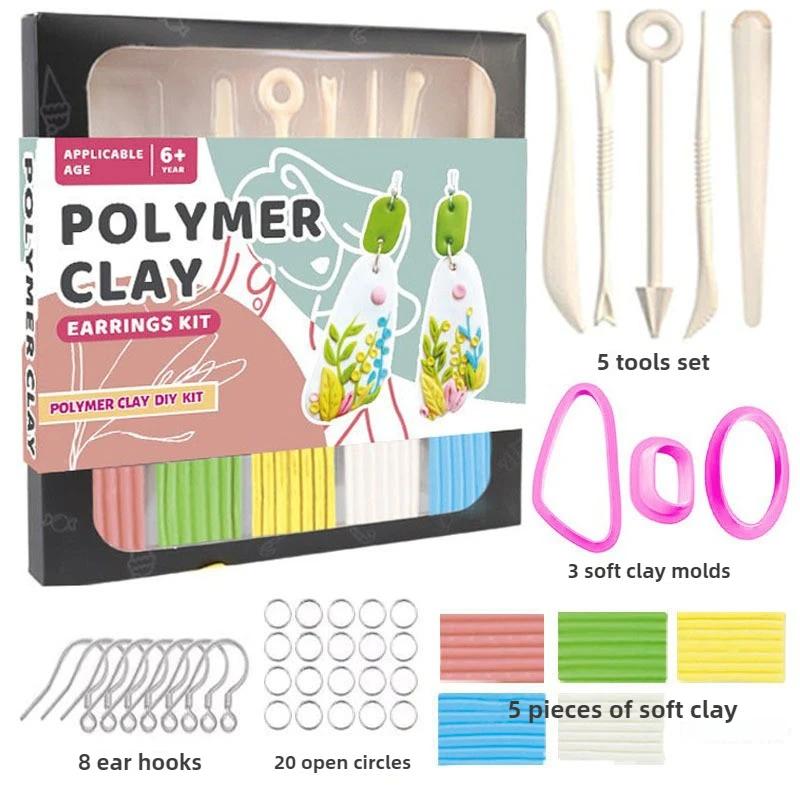 Non-Toxic Non-Sticky Polymer Clay Earring Kit Art DIY Oven Bake Modeling with 8 Clay Tools and Accessories Gift for Kids Adults