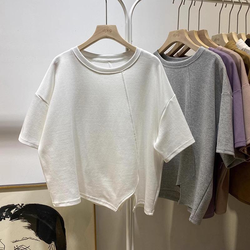 Women's Loose Fit Round Neck Tee with Irregular Slit Design - 2024 Korean Summer Style