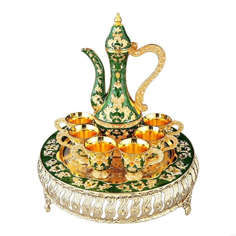 Elegant European Metal Barwares Set With Florals Embossed Decanter Tray and Glasses for Home Entertaining B03E
