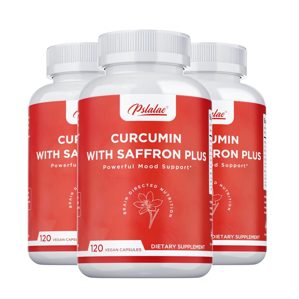 Curcumin capsules with zinc and saffron extract; supports mood regulation and boosts daily vitality; suitable for adults.
