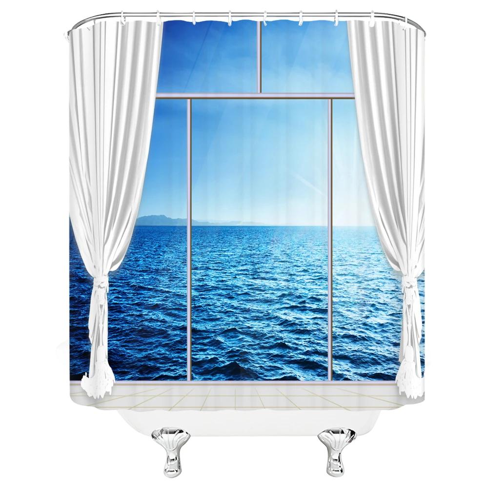 3D Shower Curtain Sunny Beach Seaside Landscape Printed Bathroom Curtain Waterproof Fabric With Hooks Home Decorate Bath Screen