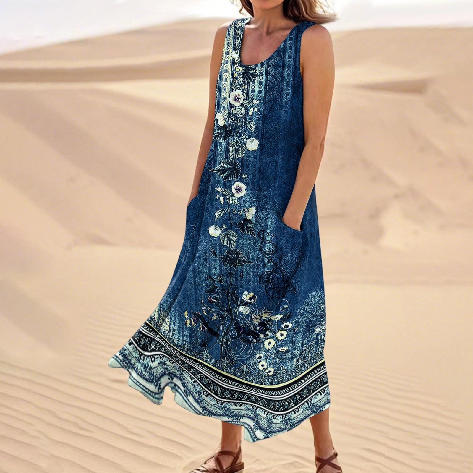 Women s Summer Casual Fashion Flower Printed Sleeveless  Pocket Dress XXL синий