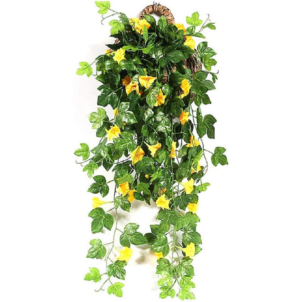 Artificial Vines 2pcs Artificial Morning Glory Trumpet Flower Vine Fake Green Plant Home Garden Wall Fence Outdoor Wedding Hanging Baskets Decor