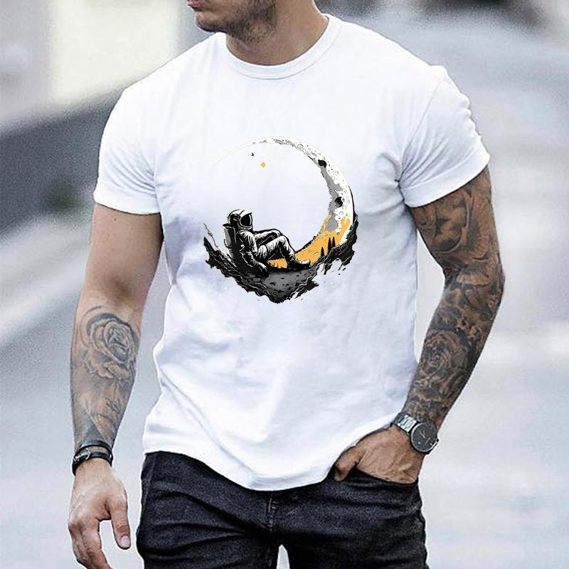 Men's Summer Fashionable Casual Loose Plus Size Landing Moon Pattern Printed Sports Round Neck Short Sleeved T-shirt