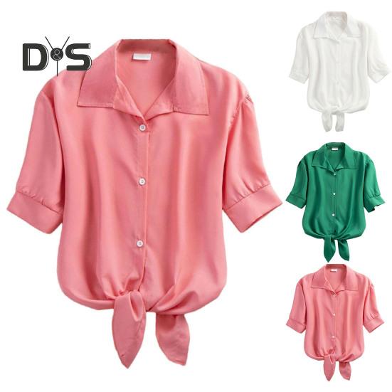 Women Shirt Summer Short Sleeve Casual Shirt Lapel Solid Color Breathable Women Blouse for Office Travel Party Daily Wear