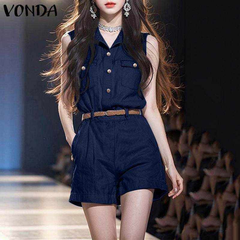 VONDA Women Summer Lapel Neck Sleeveless Buttons Elastic Waist Casual Jumpsuits Rompers