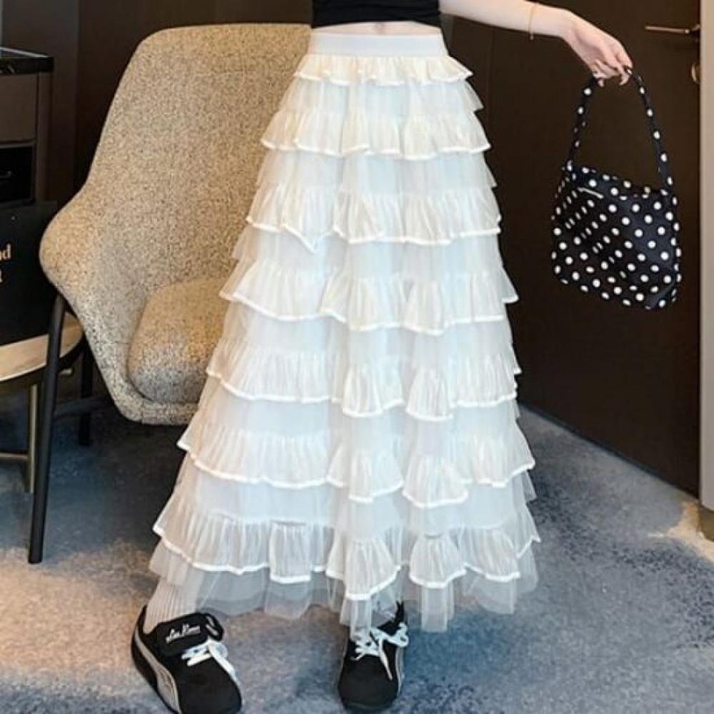 Navava Women Romantic Frill Banding Long Skirt Ns459