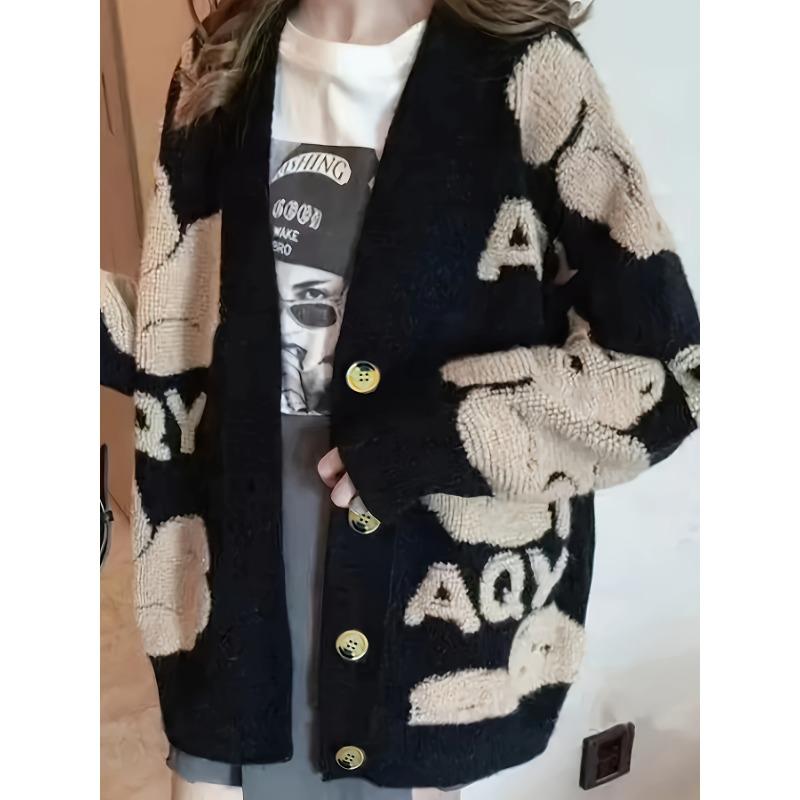 Monogrammierte Strickjacke mit V-Ausschnitt, Lässige Strickjacke mit Knopfleiste vorne, Langarm, Winter/Herbst, Damen M Pulloverjacke