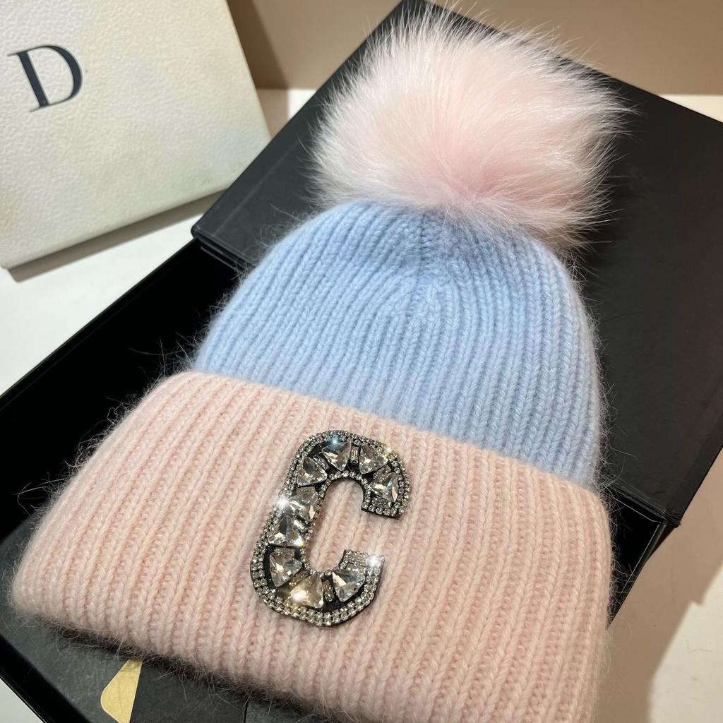 C Russian Winter Outdoor Thickened Double-Layer Warm Rabbit Fur Knitted Hat Northern Cold Fox Hairball Ear Protection Hat