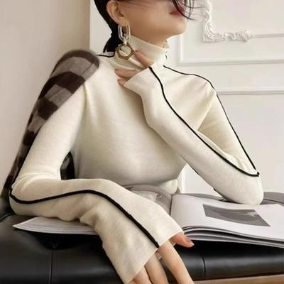 Modische Rollkragenpullover Damen Herbst und Winter Slim Fit Langarm Top Elegante Büro Dame Pullover Schwarz Weiß