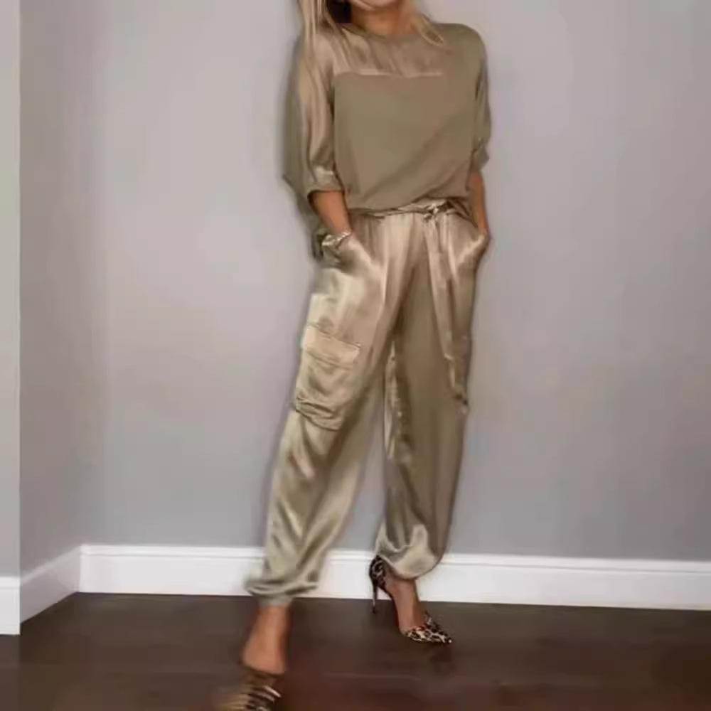 

Spring Women s Fashionable Smooth Satin Half Sleeve Top With Strap Pants Pocket Set Half Sleeve Pants Two Piece Set L
