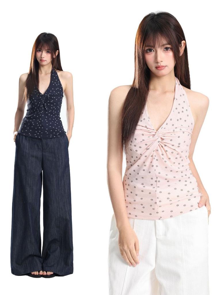 Korean floral neck sling female Spice Girl slim V-neck versatile 1111 summer seaside sleeveless short top vest