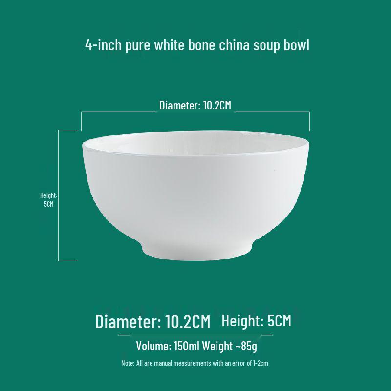 Pure White Lead-Free Bone China Bowl Set: Rice, Noodle, Large Soup & Ceramic Bowls - Durable Household Tableware.