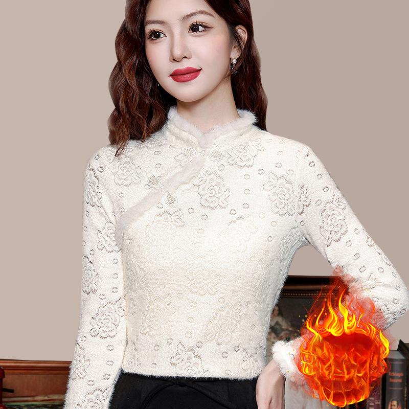 Stand-up Collar Bottoming Shirt For Women New Autumn and Cold Season Diagonal Placket Women's Clothing Warm Velvet Thickened Inner Top