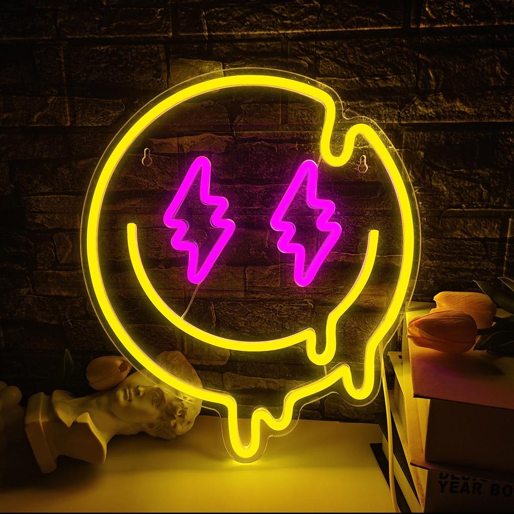 Smile Face Neon Sign LED Neon Light Wall Decor Smiley Face Light Up Signs USB Powered Yellow Neon Signs For Bedroom Pink