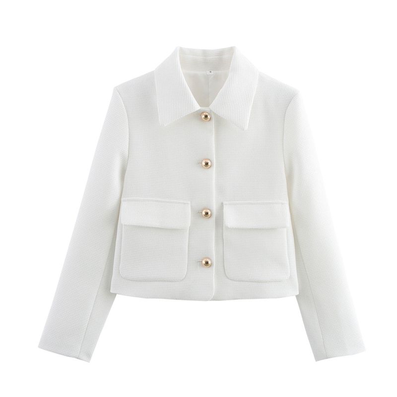 Kaslead New Women clothes Western Style Fashion Simple and Versatile Button Decoration Graceful White Outerwear