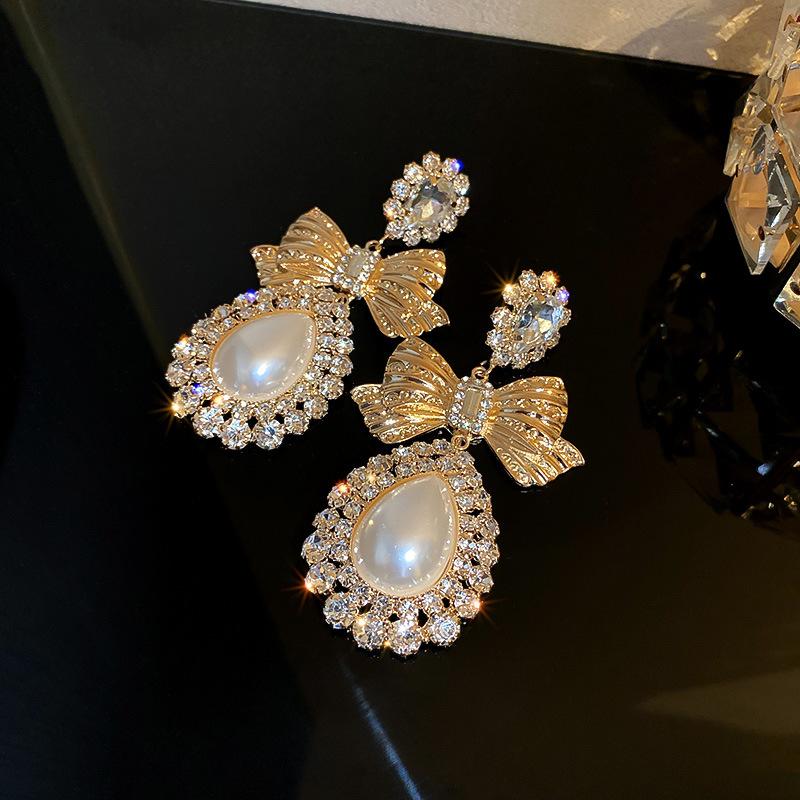 Silver Needle Korean Temperament Pearl Diamond Bow Earrings Water Drop Fashion Court Style Celebrity Atmospheric Stud Earrings Wholesale
