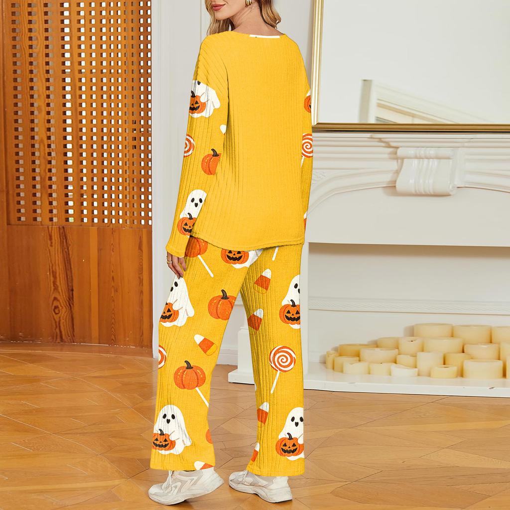 Women's Halloween Print V-Neck Long Sleeve Pajama Set with Pockets Loose Fit Sleepwear Set
