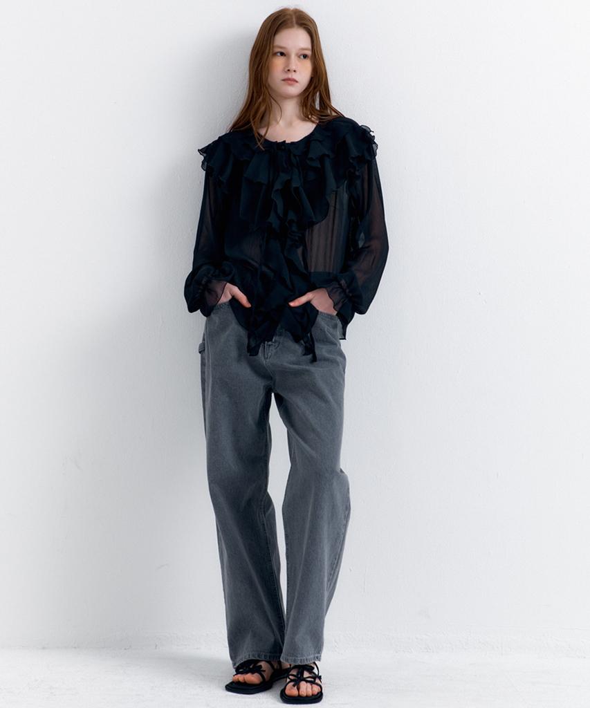 RAVEROUS See-Through Frill Blouse Black