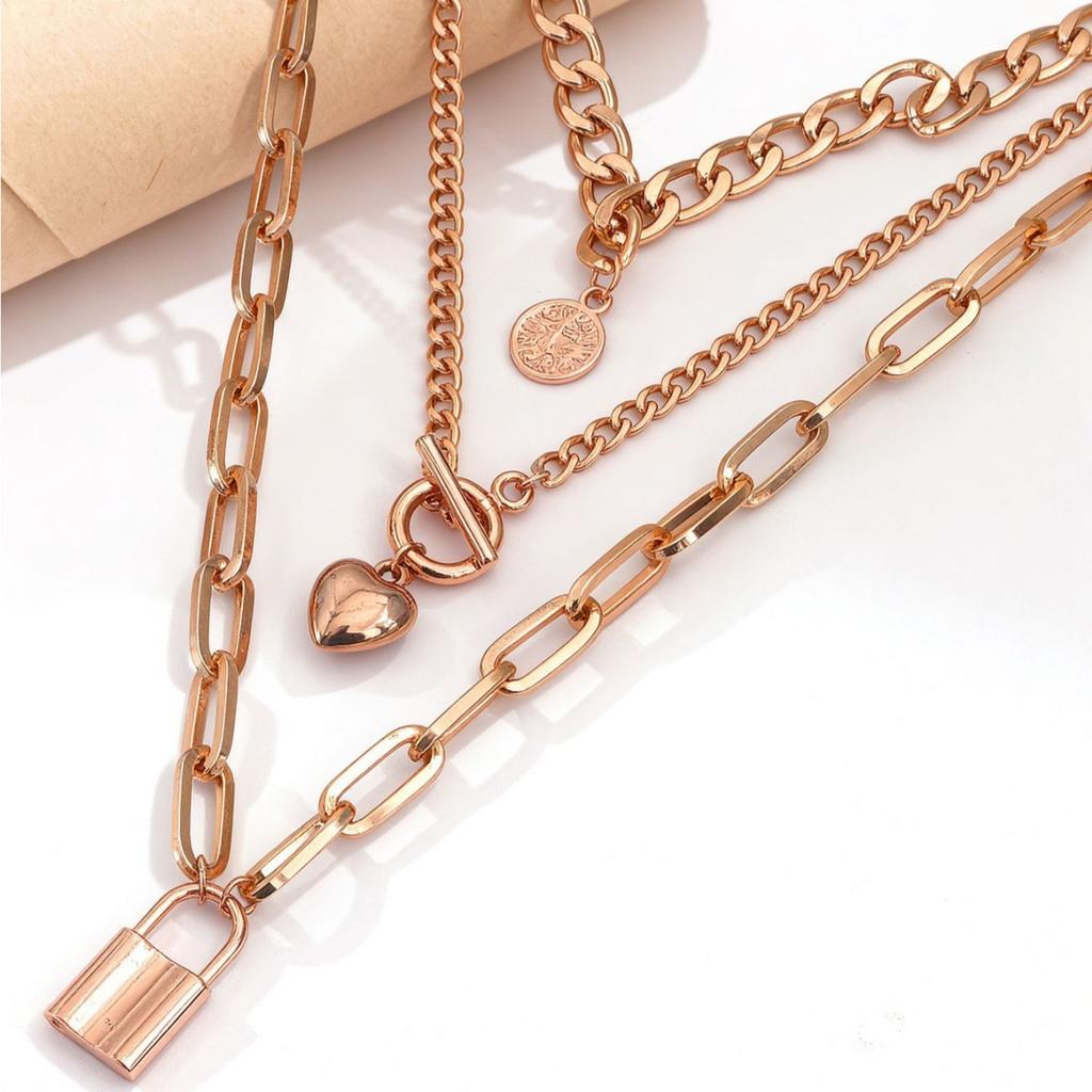 European and American retro trend love lock pendant OT buckle multi-layer necklace personalized hip-hop coins stacked collarbone chain