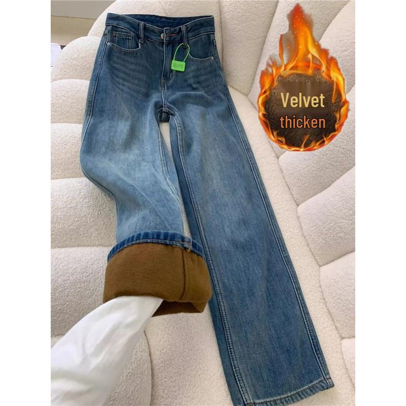

Women s Retro Light Blue Velvet Wide-Leg Jeans, Winter High-Waisted Slimming Pants L
