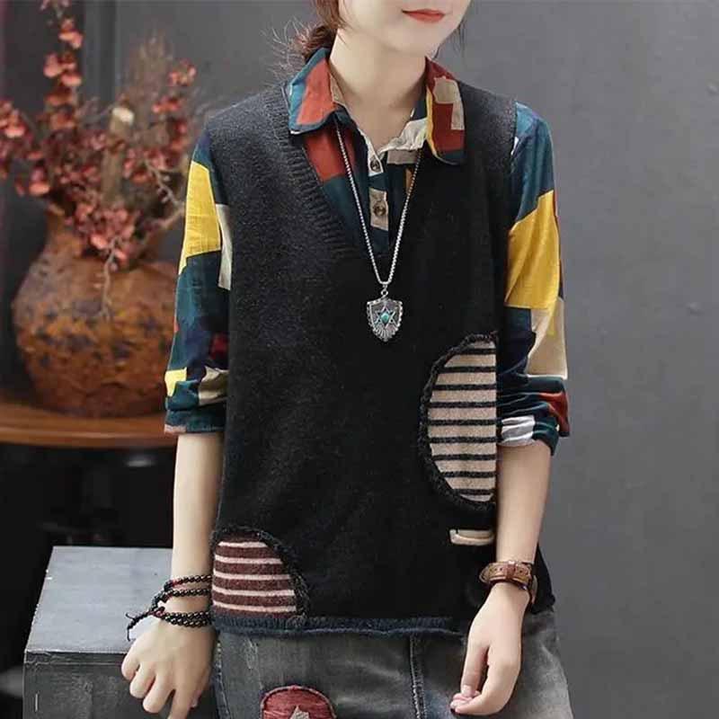 Spring Autumn Winter Loose Vest Sleeveless Camisole Artistic Color Blocked V-neck Knitted Sweater Vest Women's Sweater