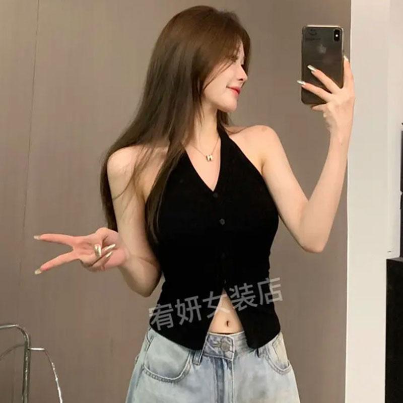 

Женский летний однотонный топ без рукавов с открытой талией и лямками чёрный