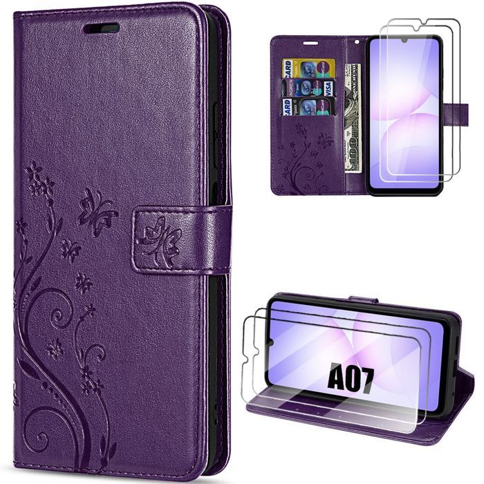 Coque de Protection - BOOLING - Samsung Galaxy A07 - Synthécuir Motif Papillon Violet Foncé - 2 Vitres