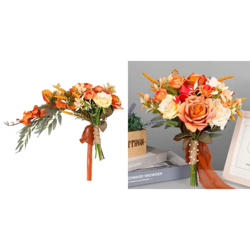 Exquisite Waterdrop Design Autumn Orange Flower Handheld Artificial Bouquet for Home Decoration and Events