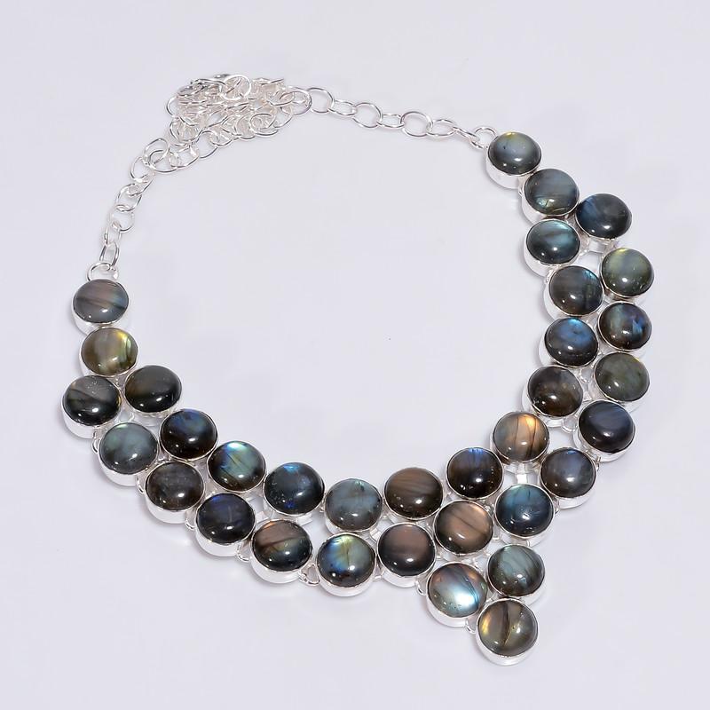 

Fabulous Top Grade Qualite 100% Natural Labradorite Round Shape Ethnic Handmade Jewelry 925 Steling Silver Necklace 18 WSJ-4728 срібний