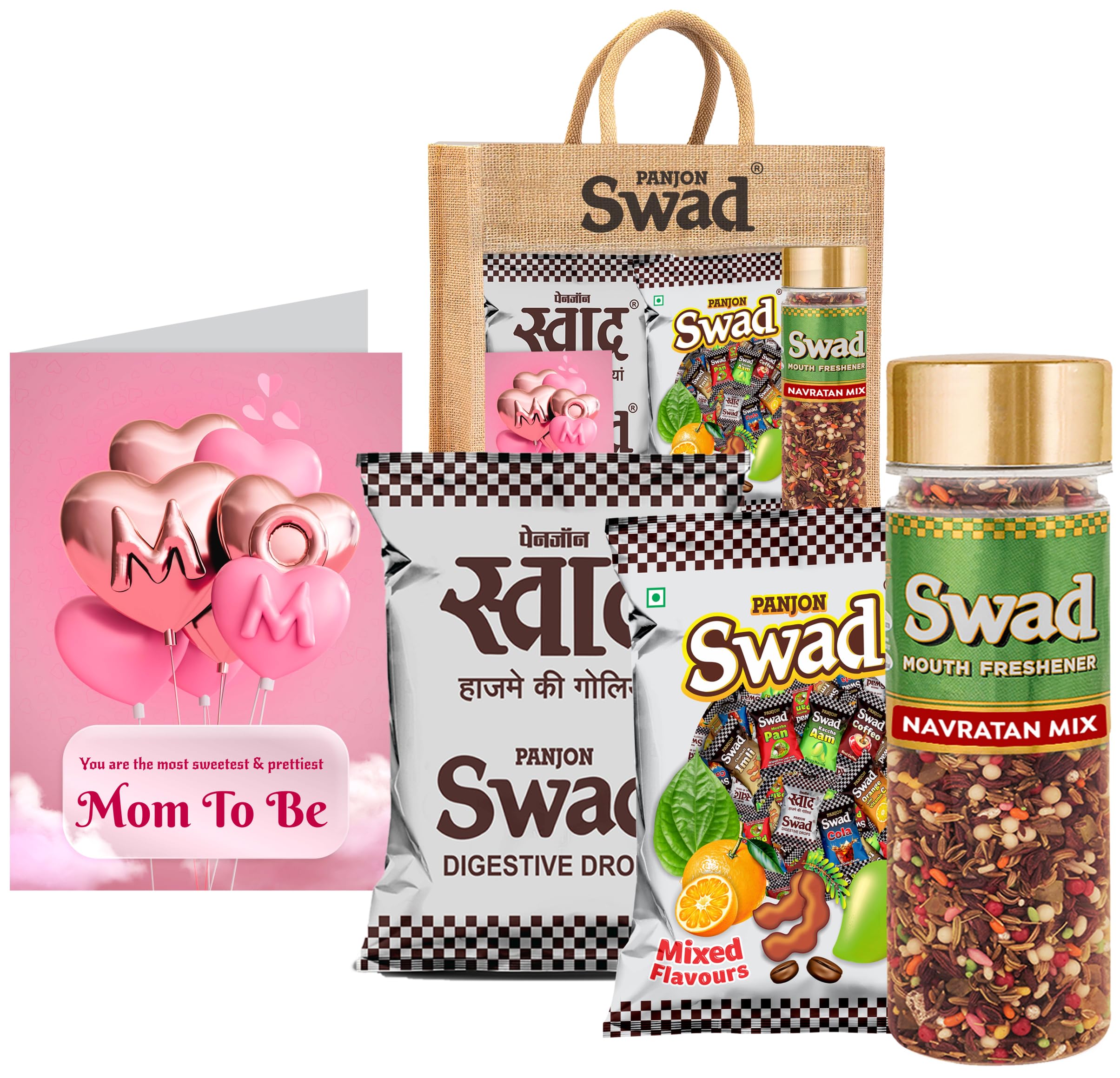 

Swad Mom To Be/New Mother/pregnant Gift with Card (25 Swad Candy, 25 Mixed Toffee, Navratan Mix Mukhwas) in Jute Bag