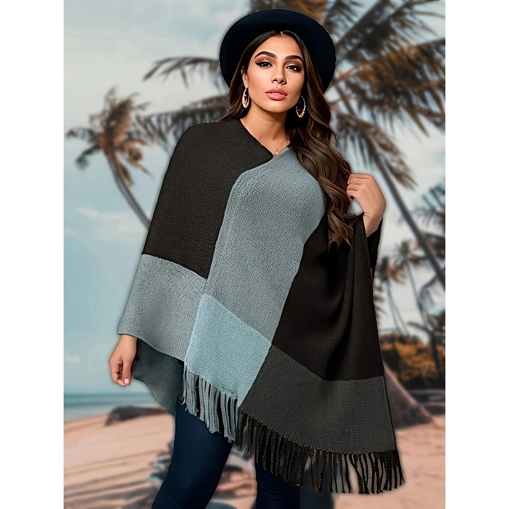 Plus Size Women Color Block Knit Cape Sweater, Batwing Sleeve Pullover Shawl for Autumn Winter